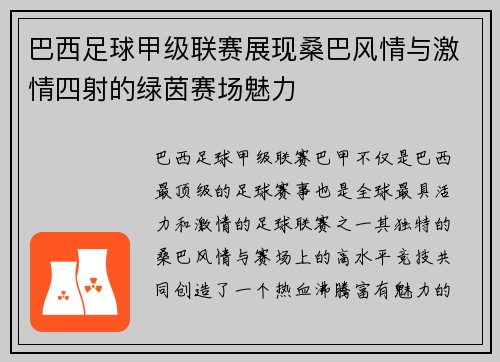 巴西足球甲级联赛展现桑巴风情与激情四射的绿茵赛场魅力